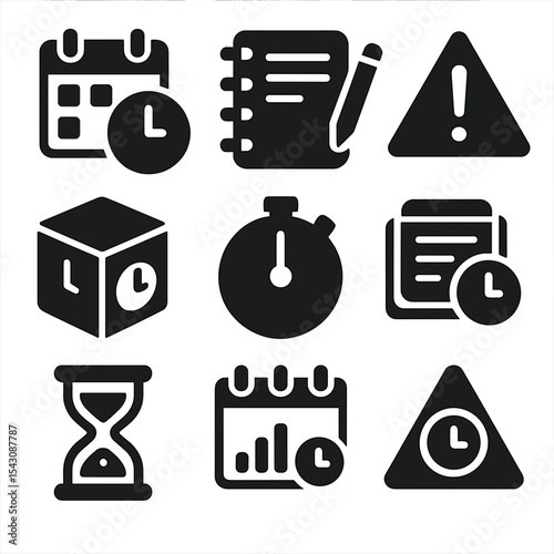 Time Management Icons. Solid style icons of time management: calendar with clock, daily planner icon, priority triangle, time box