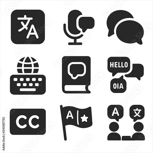 Language Icons. Solid style icons of language and communication: translation app icon, voice translator, dual language speech