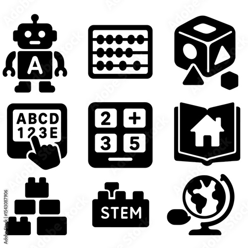 Interactive Learning Toys. Solid style icons of interactive learning toys: letter learning robot, counting device, shape