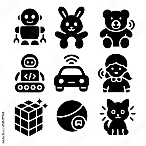 Smart Toy Icons. Solid style icons of smart toys: robot with smile, interactive plush toy, talking teddy bear, coding robot toy,