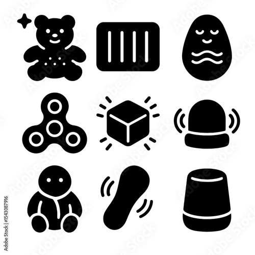 Calming Sensory Tech Icons. Solid style icons of calming and sensory tech: calming plush with lights, pressure pad icon, breathing