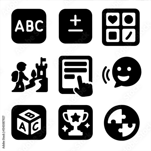 Learning App Icons. Solid style icons of learning apps and games: app icon with ABC, math game icon, memory match screen, story