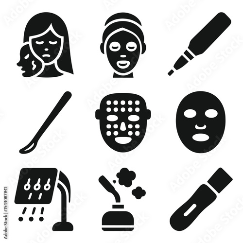 Salon Cosmetic Icons. Solid style icons of salon cosmetic procedures: chemical peel icon, facial mask treatment, microneedling pen