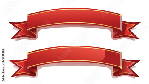 Two red ribbons with golden trim and decorative ends arranged one above the other on a white background