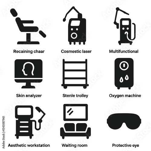 Clinic Equipment Icons. Solid style icons of aesthetic clinic equipment: reclining beauty chair, cosmetic laser machine,