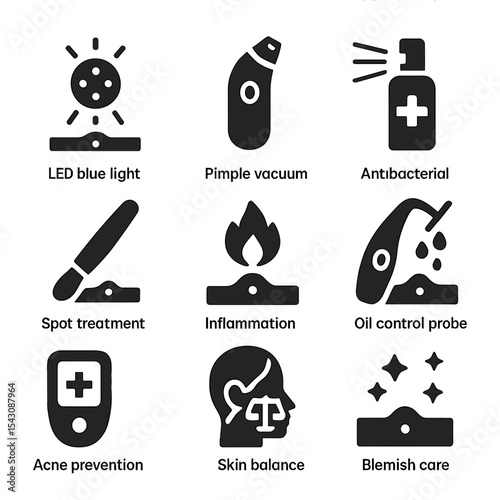 Acne Treatment Icons. Solid style icons of acne treatment technology: LED blue light icon, pimple vacuum tool, antibacterial serum