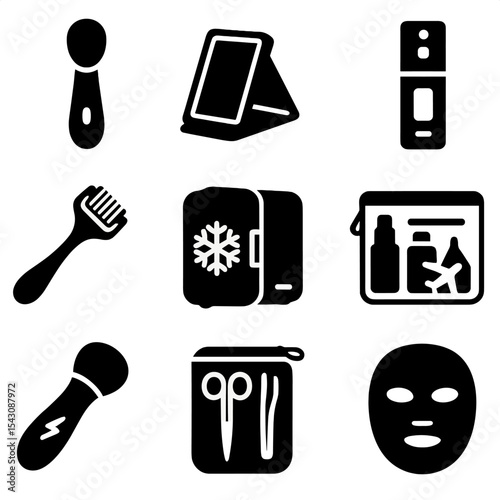 Portable Beauty Icons. Solid style icons of portable travel-friendly beauty tools: compact cleansing wand, foldable LED mirror,
