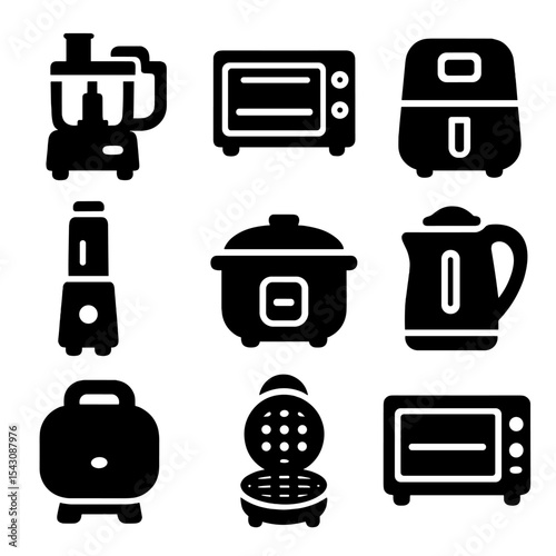 Compact Kitchen Icons. Solid style icons of compact kitchen appliances: mini food processor, countertop oven, small air fryer,