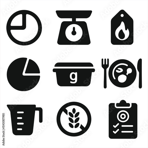 Portion Control Icons. Solid style icons of portion and diet control: portion divider plate, food scale icon, calorie label tag,