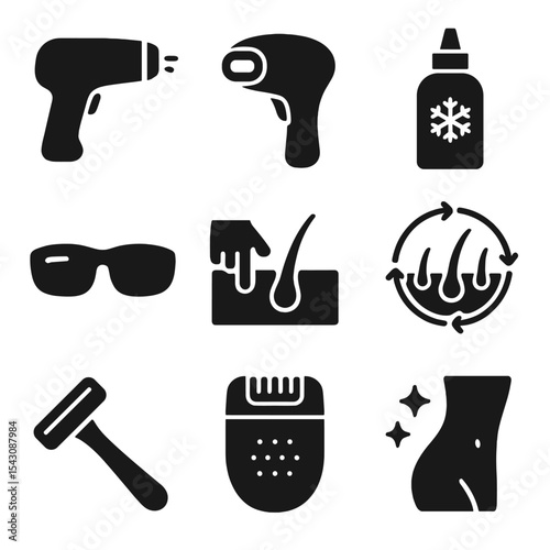 Hair Removal Icons. Solid style icons of hair removal technologies: laser hair removal gun, IPL flash handpiece, cooling gel
