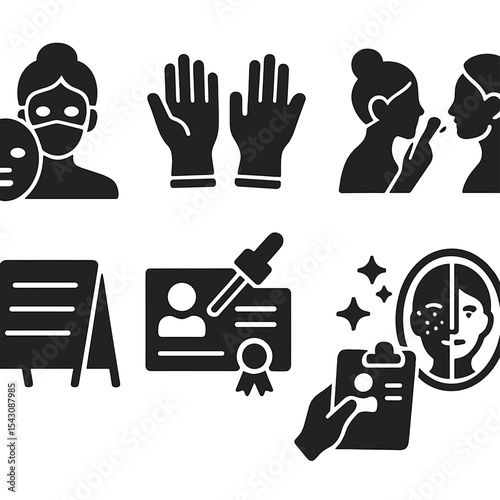 Beauty Care Icons. Solid style icons of professional beauty care: esthetician with mask, skincare gloves, beautician applying mask