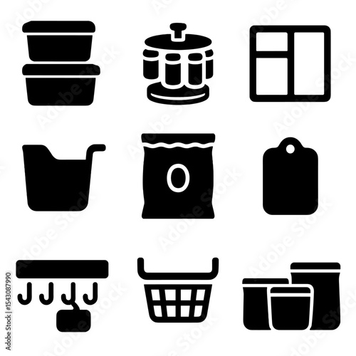 Storage Hacks Icons. Solid style icons of storage hacks: stackable containers, rotating spice rack, drawer divider tray, fridge