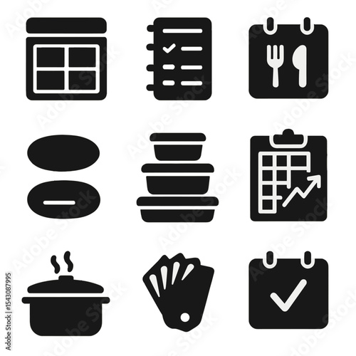 Meal Planning Icons. Solid style icons of meal planning tools: meal board icon, freezer inventory list, recipe calendar, prep day