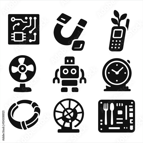 E-Waste Art Creations. Solid style icons of electronic waste reuse: circuit art panel, keyboard key magnet, old phone planter,