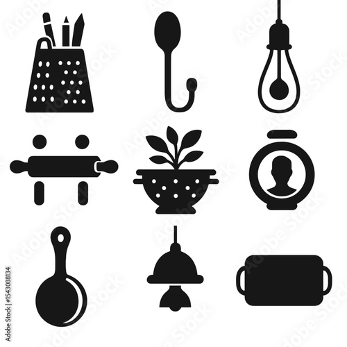 Repurposed Kitchen Icons. Solid style icons of repurposed kitchen tools: grater pencil holder, spoon wall hook, whisk lamp,