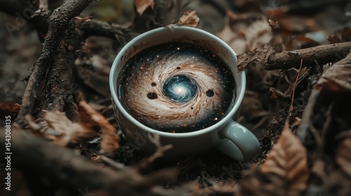 A cup of coffee with a galaxy design on the surface.