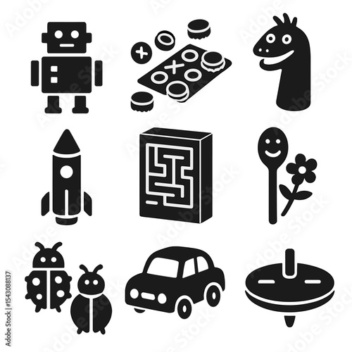 Kids' Upcycle Projects Icons. Solid style icons of kids’ upcycle projects: carton robot, bottle cap game, DIY puppet with sock,