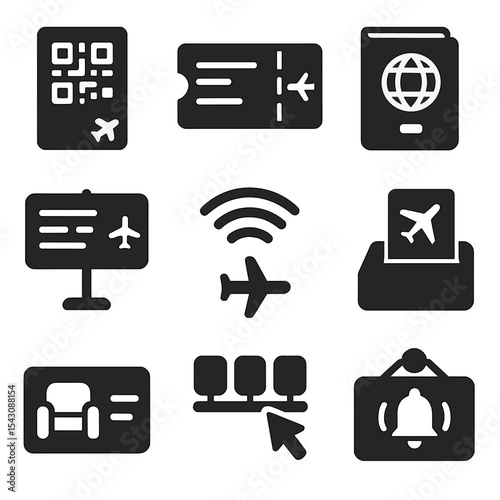 Airport Travel Icons. Solid style icons of airport and boarding tools: e-ticket QR code, boarding pass icon, passport holder,
