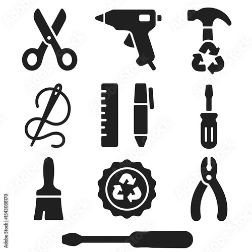 Upcycling Tools Icons. Solid style icons of upcycling toolkits: scissors, glue gun, eco hammer, needle and thread icon, ruler and