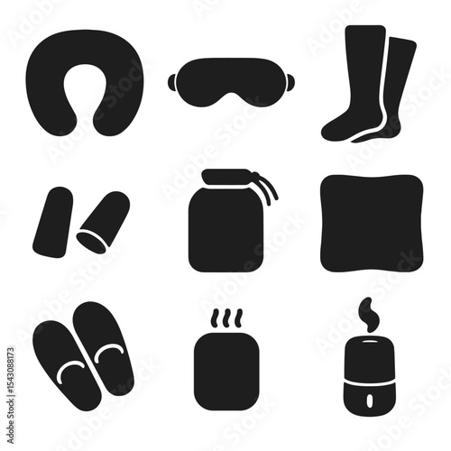 Travel Comfort Essentials. Solid style icons of travel comfort items: neck pillow, eye mask, compression socks, earplugs, blanket