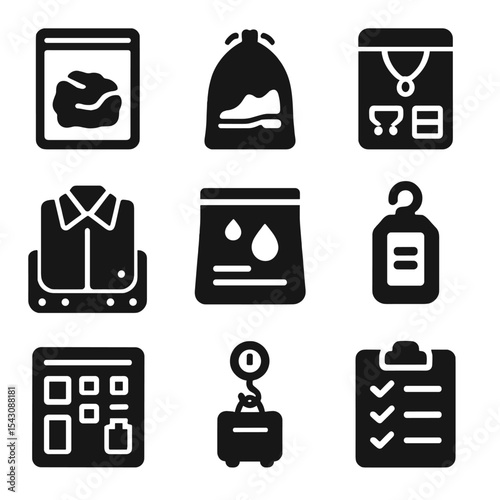 Packing Hack Icons. Solid style icons of packing and storage hacks: vacuum seal bag, shoe bag, jewelry roll, shirt folder board,