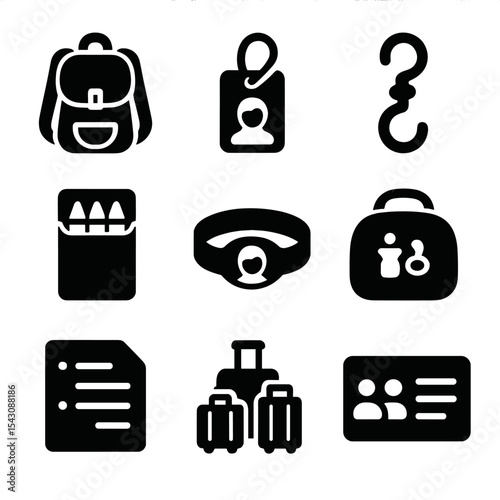 Family Travel Icons. Solid style icons of family travel organization: parent backpack, child ID tag, stroller clip hook, coloring