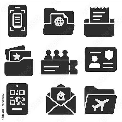 Digital Travel Wallets Icons. Solid style icons of digital travel wallets: document scanner icon, visa folder, receipt organizer,