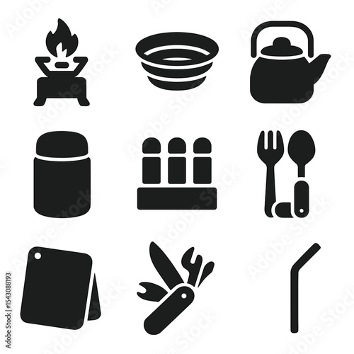 Portable Cooking Icons. Solid style icons of portable travel cooking tools: portable stove, collapsible bowl, travel kettle, food
