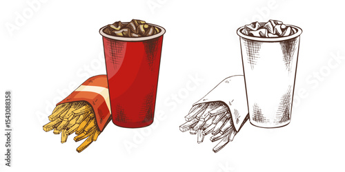 Hand drawn vintage sketch of soda drink and french fries combo, colored and monochrome fast food vector illustration