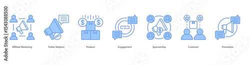 Promotional Partnership banner web icon set vector illustration concept with icon of affiliate marketing, public relation, product, engagement, sponsorship, customer, promotion