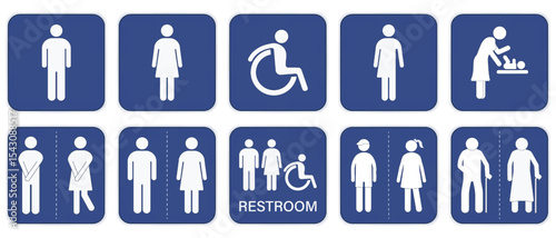 Set of restroom signs. Toilet signs. Men, women and cripple WC icon stickers.