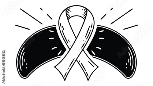 Illustration of a ribbon with wings and radiating lines in black and white doodle style art