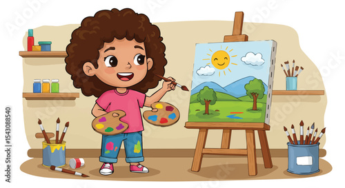 Happy Little Girl Painting a Landscape