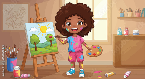 Happy Little Girl Painting a Landscape
