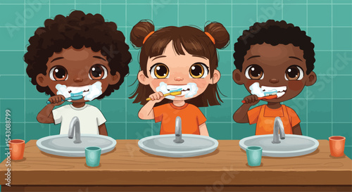 Happy Children Brushing Teeth Together