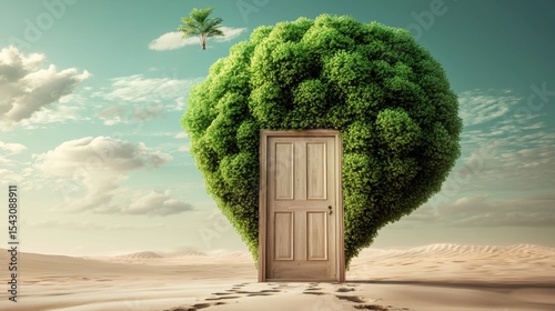 A surreal desert scene with a door and tree growing out of it.