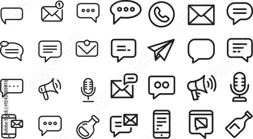 Black Line Art Communication Icons Set Messaging Email Phone Multimedia Symbols vector