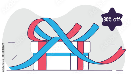Illustration of a gift box with blue and red ribbons and a thirty percent off star icon offer