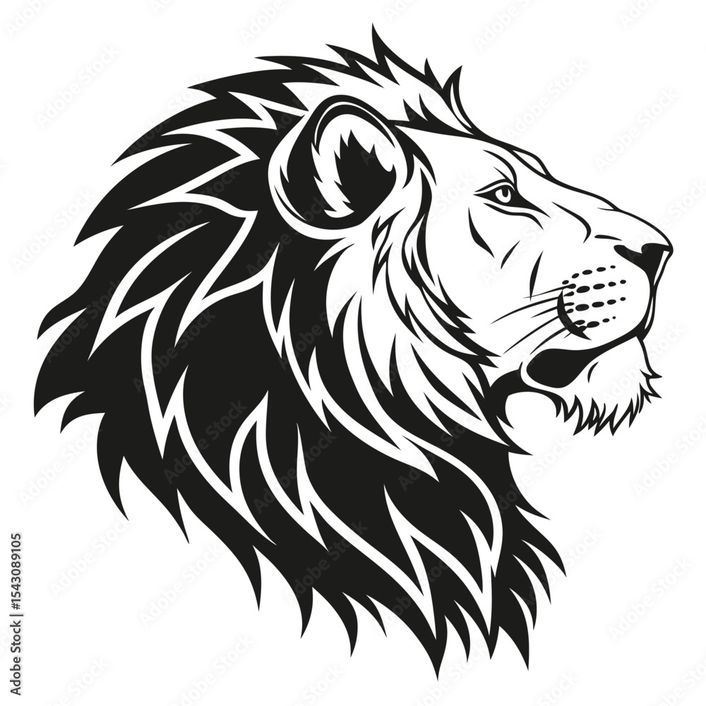 Obraz premium Majestic black lion head profile displaying its intricate mane against the white background