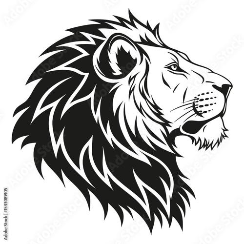 Majestic black lion head profile displaying its intricate mane against the white background