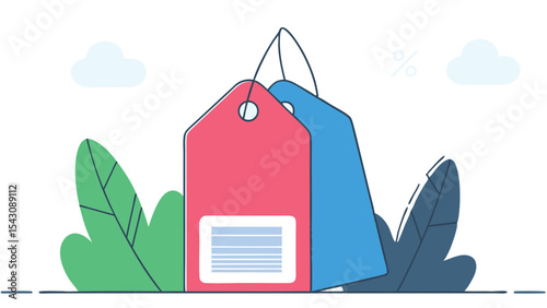 Illustration of two price tags with barcode labels surrounded by green leaves and cloud accents