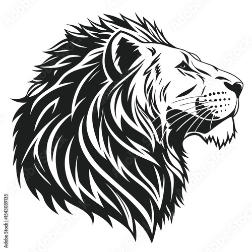 Majestic lion head boasts a textured mane in a bold black silhouette design