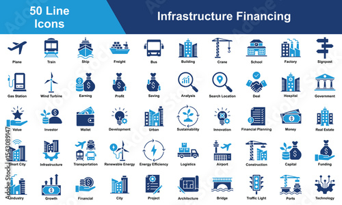 Infrastructure Financing Icon Set Collection. Containing  Infrastructure, Transportation, Logistics, Airport, Construction, Ports, Technology, Industry. Simple Blue Vector Illustration.