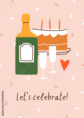 Birthday party, greeting card. Festive celebration with holiday cake, candles...