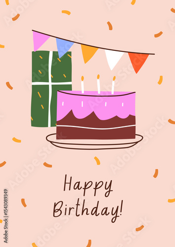 Happy Birthday, greeting card design. Cozy celebration with cake and candles,...