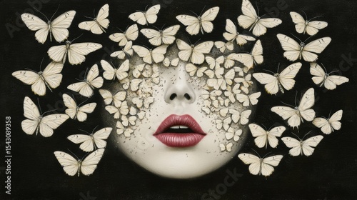 A surreal painting of a woman's face with butterflies covering her eyes and lips.