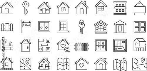 Black Line Art House Icons Set Real Estate Symbols Home Key Fence Window Map Plan Building Sale Sign