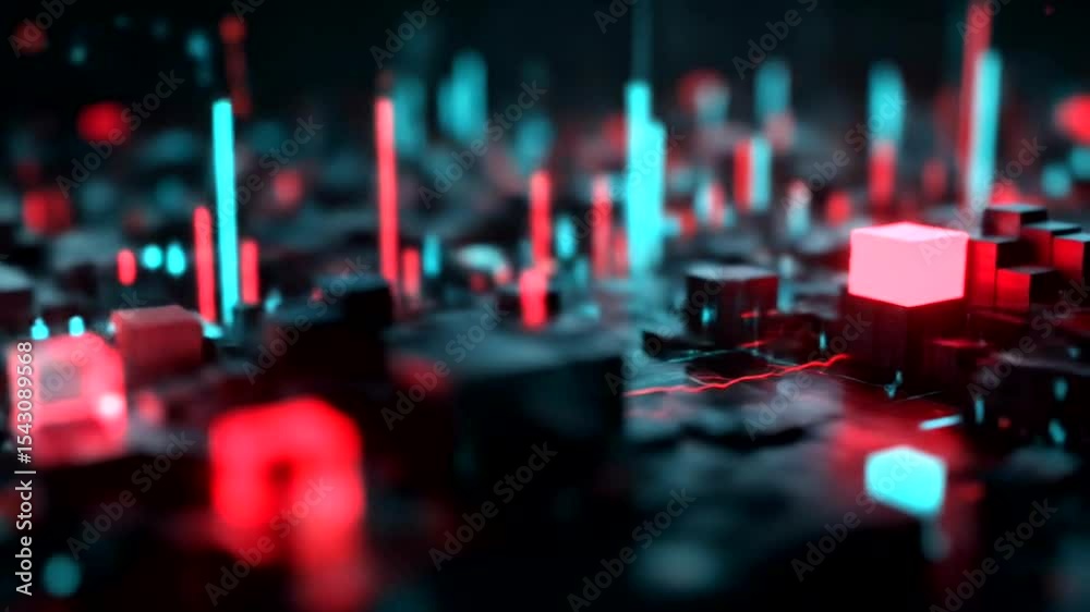 Abstract digital display with glowing cubes and data visualizations. Abstract digital display with glowing cubes and data visualizations.