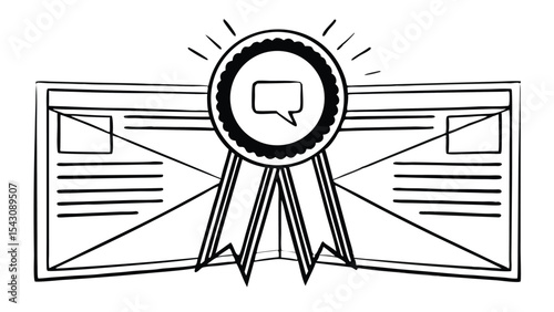 A website interface with a ribbon and speech bubble emblem in black and white drawing style design