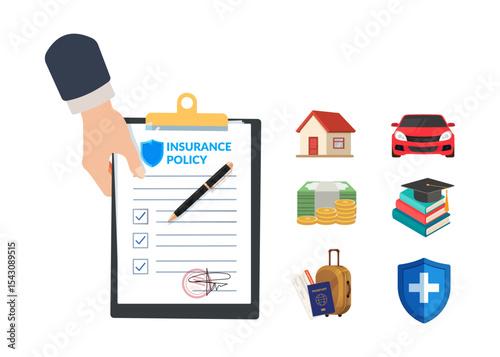 Insurance agent hand holding clipboard with policy form stock illustration